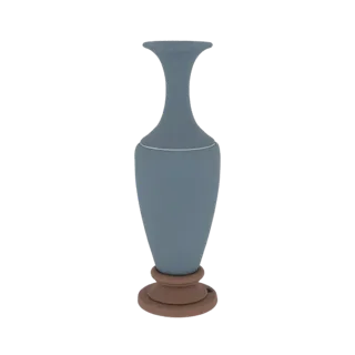 Tall blue vase with detachable brown stand, front view