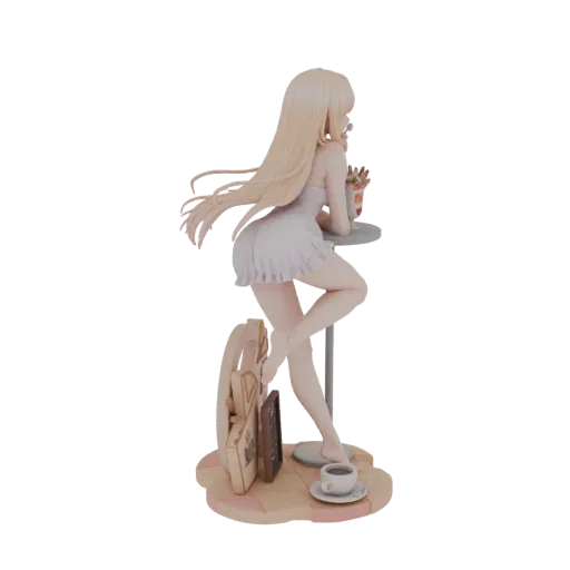 3D model of a blonde girl in a light purple nightgown, leaning on a table with a coffee cup and flowers, with decorative fram