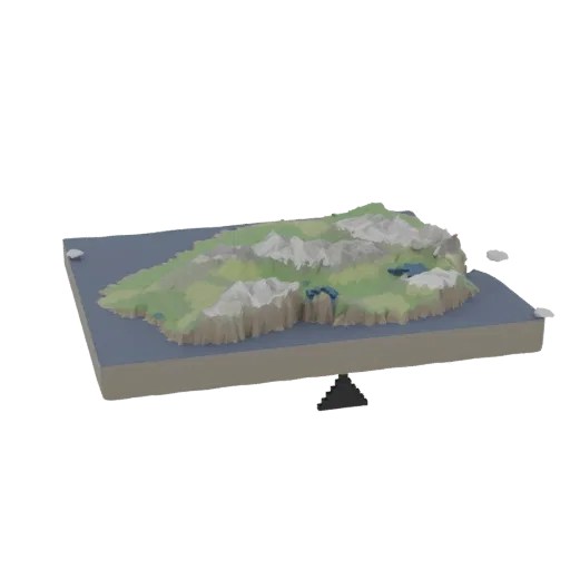 A low poly 3D model of an island terrain diorama, showcasing snow-capped mountains, green hills, lakes, and surrounding blue
