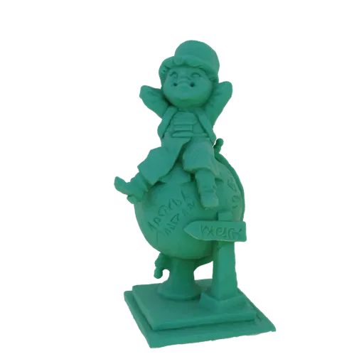 3D model of a teal-colored, whimsical character wearing a hat and coat, sitting on top of a globe with a signpost.