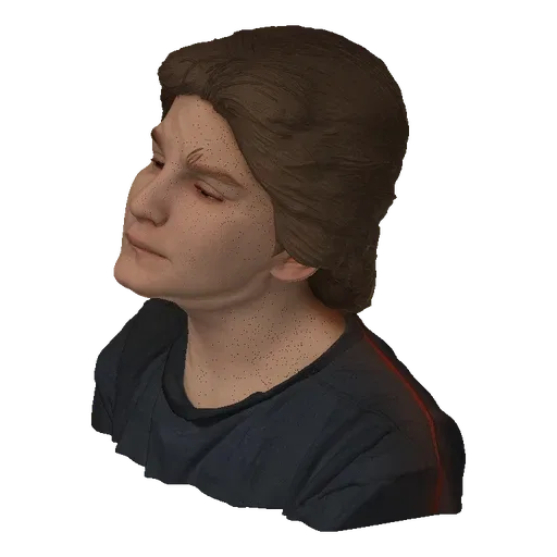 3D model render of a young man with tousled brown hair and a neutral expression, wearing a dark t-shirt.
