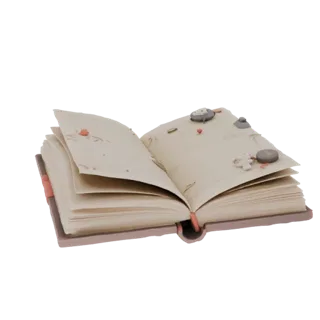 3D model of an open book with stones and figurines, pages unfurled, showing lines and decorative elements