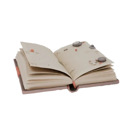 Modello 3D libro aperto con pietre e statuette, pagine spiegate, linee visibili e elementi decorativi
