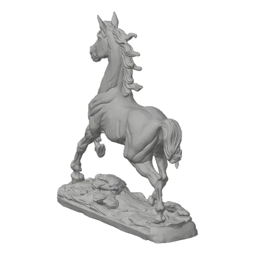 3D model of a grey horse rearing up on a rocky base, viewed from the rear.