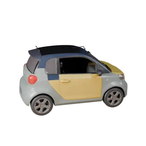 Modelo 3D de Carro Compacto Cartoon, vista de estúdio em três quartos, ativo de veículo estilizado com linhas de carroceria,