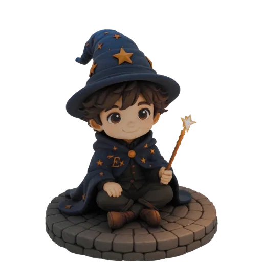 A 3D render of a cute chibi wizard boy figurine sitting down, wearing a blue hat with stars and a matching cloak, holding a magic wand.