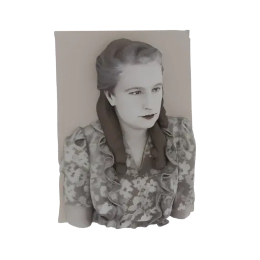 3D model render of a vintage woman with braided hair and a floral dress, looking to the side with a subtle expression.