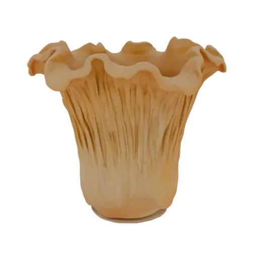 3D model of a chanterelle mushroom shaped into a decorative vase, with ruffled cap and detailed gills, rendered in warm earth