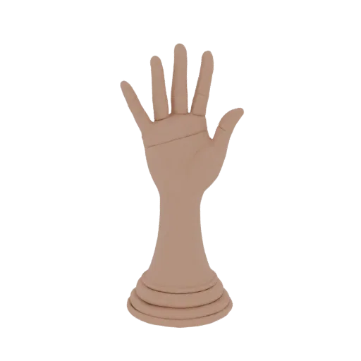 3D model of an elegant female hand with slender fingers, raised upwards and standing on a round base