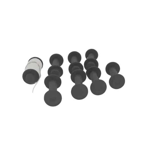 3D model of seven dark gray dumbbells in a row next to a spool of white thread on a black background.