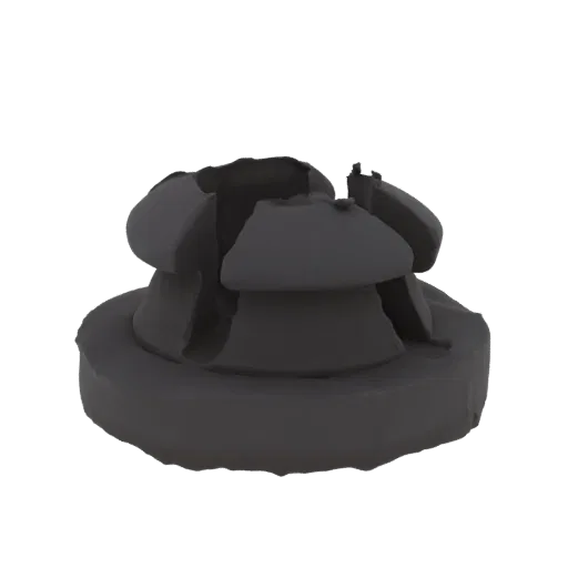 Rendu 3D d'une sculpture géométrique abstraite aux formes imbriquées gris foncé, ressemblant à une pièce d'art moderne.
