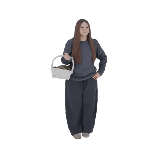 3D-Modell einer jungen Frau mit langen braunen Haaren, dunkelblauem Shirt und Hose, die einen weißen Korb hält.