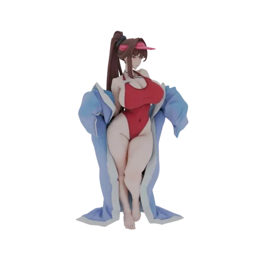 3D model of an anime-style female character wearing a red swimsuit and a blue robe, with a high ponytail and a visor.
