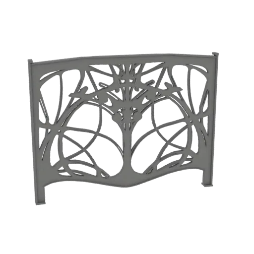 3D model of an Art Nouveau balustrade with a central tree and bird motif, rendered in gray.
