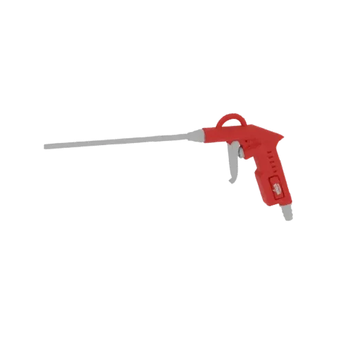 Modelo 3D de pistola soplador de aire roja con boquilla larga y delgada gris y mango de gatillo rojo, aislado sobre fondo bla
