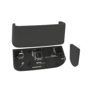 Render 3D de manija curva negra, su base de montaje con cotas de medidas y tapa separada, todo sobre fondo negro.
