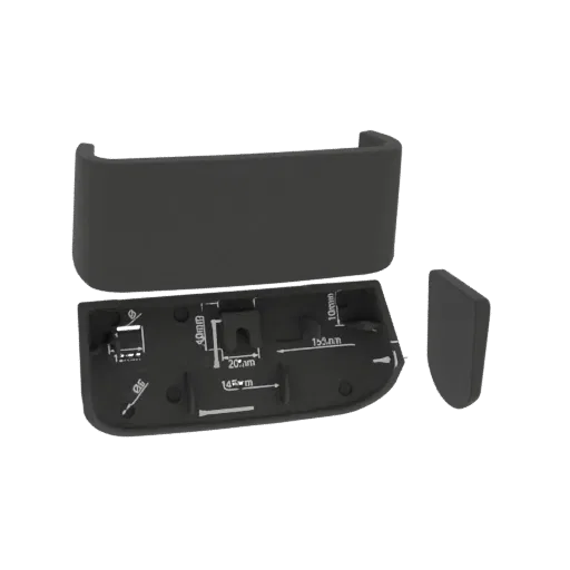 3D render of a black curved handle, its mounting base with measurement callouts, and a separate cap, all on a black backgroun