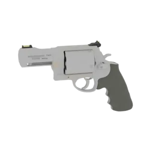 3D-Modell eines silbernen Revolvers mit grauem Griff, von der Seite vor weißem Hintergrund gezeigt.
