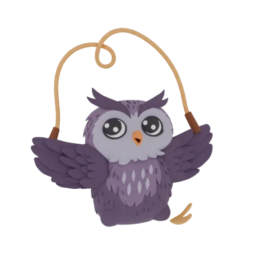 A cute, plump purple owl with large eyes is depicted mid-jump, holding the handles of a brown jumping rope.