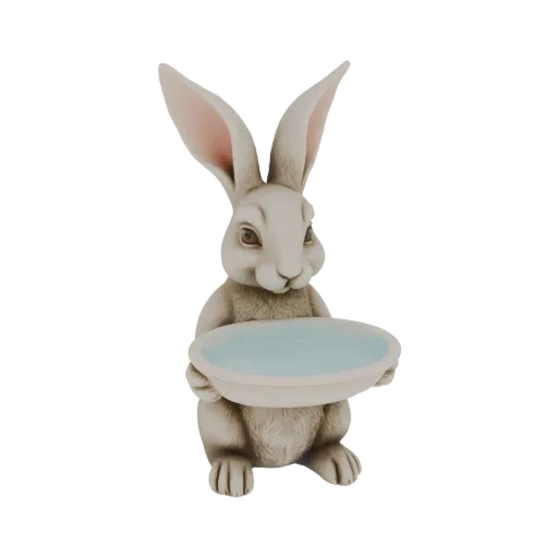 3D model of a cute, light brown bunny with large ears, holding a light blue bowl in its paws.