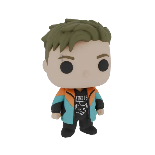 3D model of a stylized pop culture character with a piercing, graphic tee, and a colorful jacket, shown from the front.