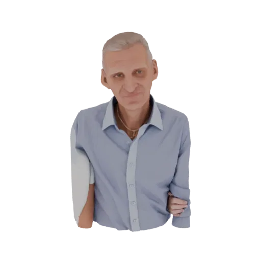 3D model of an elderly man with gray hair, wearing a blue collared shirt and a gold chain, looking towards the viewer.