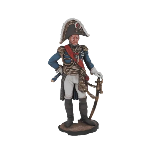 3D model of Napoleon Bonaparte in a blue military uniform, red sash, bicorne hat, and holding a sword, set against a black ba