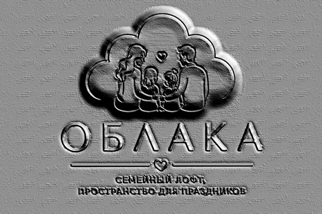 3D model of the "Clouds" relief with an image of a family inside a cloud and the inscription "FAMILY LOFT"