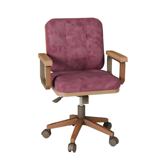 Velvet Office Chair Low Poly 3D model, office, game viewport three-quarter view, wood detail.