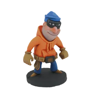 3D model of a cartoon burglar character wearing a blue beanie, orange hoodie, black eye mask, and blue pants, standing on a d