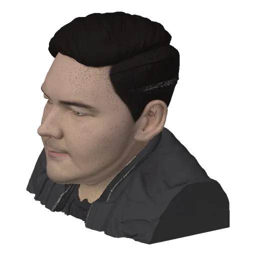 3D model render of a young man with dark hair, wearing a gray jacket, looking slightly down.