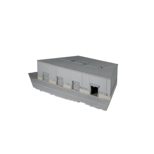 Industrial Warehouse realistic 3D model, three-quarter exterior view, showing industrial building materials and architectural detail