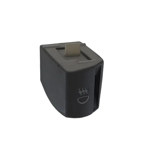 Modello 3D di un pulsante interruttore fendinebbia auto grigio scuro con levetta chiara e simbolo fendinebbia inciso frontalm
