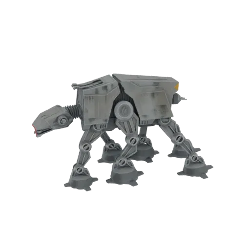 3D model of a grey AT-BT All Terrain Battle Tank with four articulated legs and a detailed head unit, set against a white bac