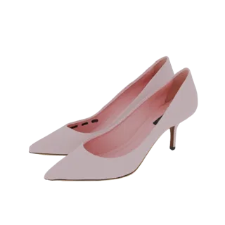 A 3D render of a pair of pale pink stiletto pumps with pointed toes and kitten heels, displayed against a white background.