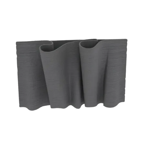 3D model of a textured gray fabric curtain drape with soft folds and a subtle woven texture, presented against a black backgr