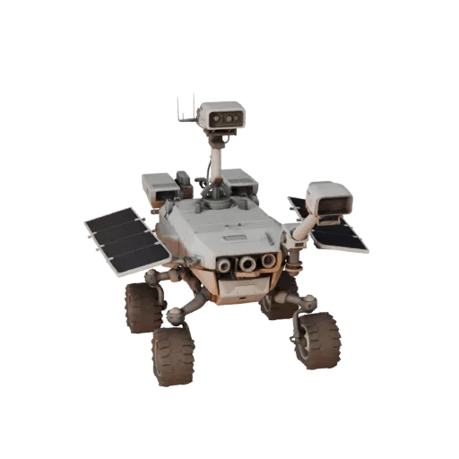 Mars Sample Collector 3D model, three-quarter front view, Unreal Engine viewport, showing dusty wheels, vehicle stance.