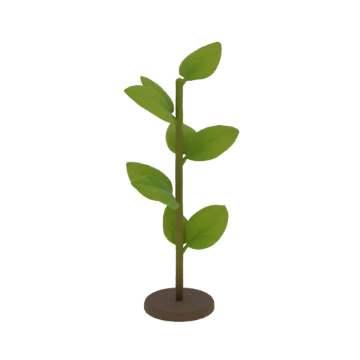 3D model of a young plant with green leaves and a brown stem on a round base.