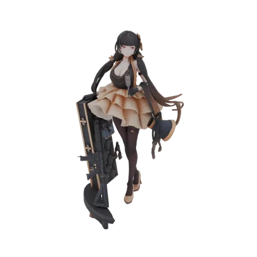 3D model of an elegant anime girl in a dress, holding a rifle and a champagne glass, with a decorative stand.