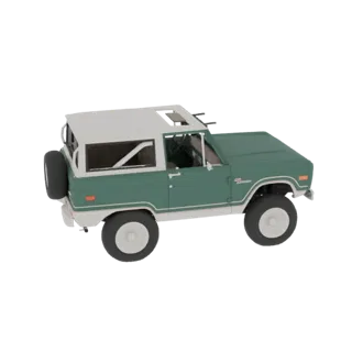 A 3D model of a vintage green Ford Bronco SUV with a white roof and spare tire, shown from a three-quarter rear view.
