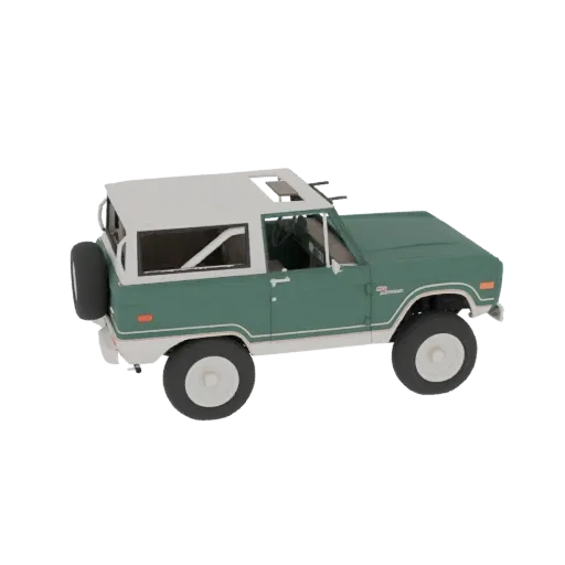 A 3D model of a vintage green Ford Bronco SUV with a white roof and spare tire, shown from a three-quarter rear view.