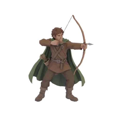 3D model of a fantasy archer character, drawing a bow and arrow, wearing a green cloak and brown tunic.