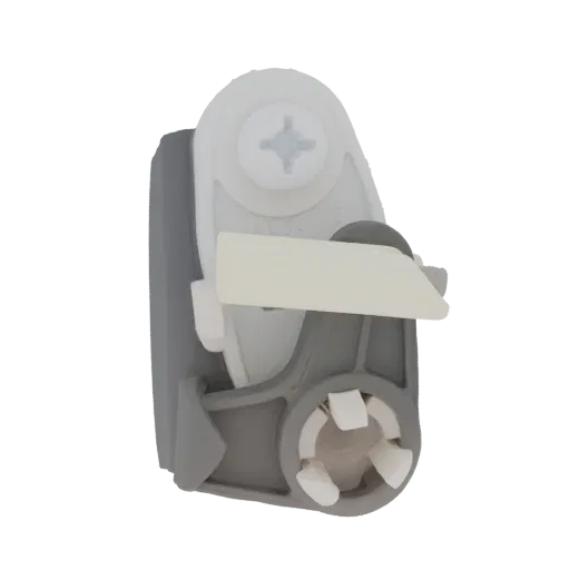 3D model of a grey and white plastic bracket with a white roller and screw detail, isolated on a white background.