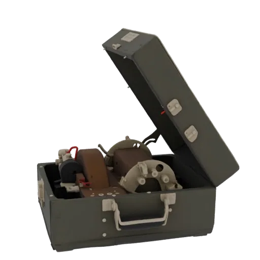 3D model of an open vintage portable radio transmitter case, showing internal electronic components and a rugged exterior.