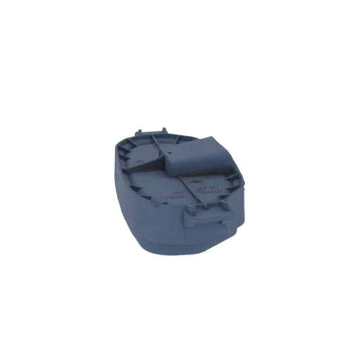 Modelo 3D de um componente base de plástico cinza com pontos de montagem visíveis e detalhes estruturais internos, apresentad