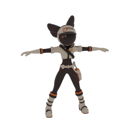 Render del modello 3D di un personaggio volpe antropomorfa in uniforme da corriere, in piedi con le braccia aperte.