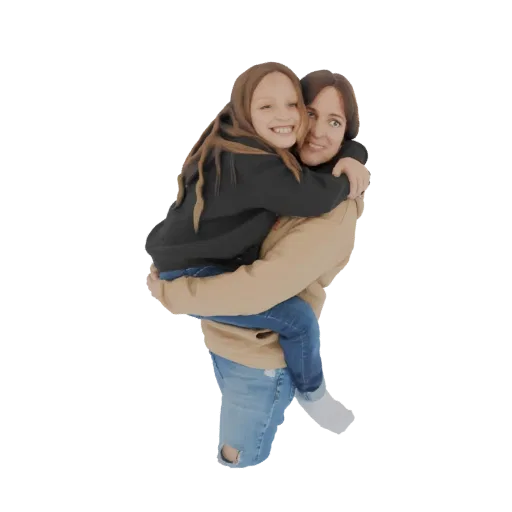 3D model of a smiling mother carrying her happy daughter on her back, both wearing casual clothes.