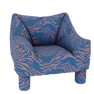 3D model of a blue armchair with a pink and blue zebra print pattern, featuring plush arms and a supportive back.