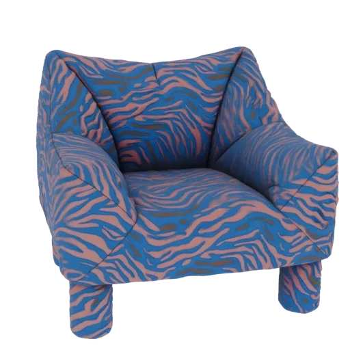 3D model of a blue armchair with a pink and blue zebra print pattern, featuring plush arms and a supportive back.