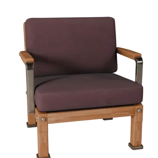 Industrial Lounge Chair Low Poly 3D model, home interior, game viewport three-quarter view, wood detail.